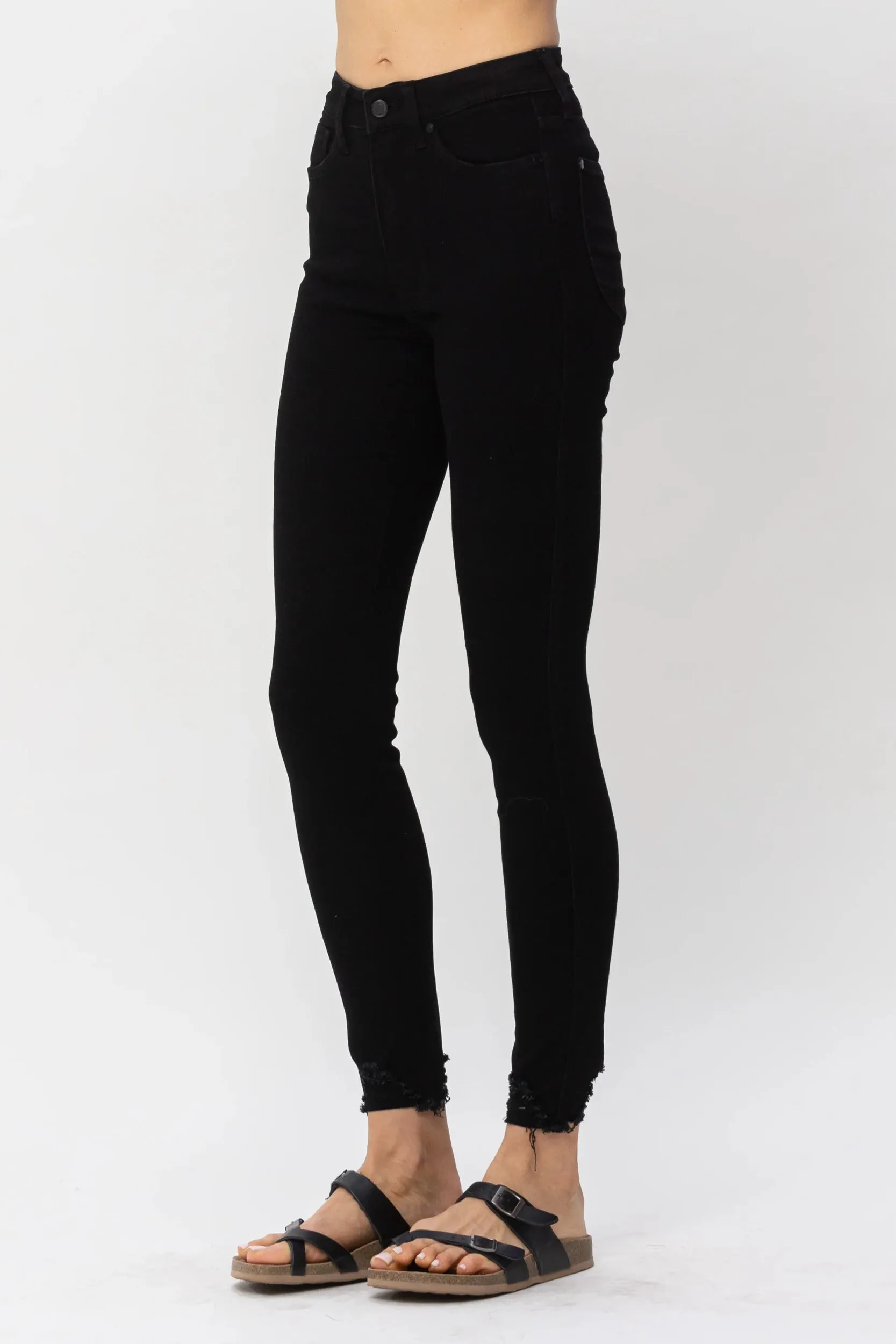 HW Tummy Control Shark Hem Black Jeans