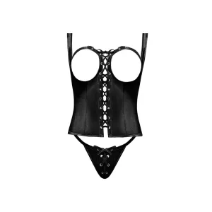 Magic Silk Lust Fetish Harlot Leather Look Cupless Lace-Up Corset & G-String Black