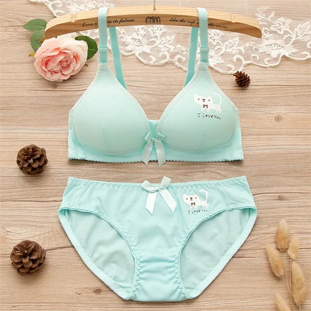 Teenage Underwear Sets Young Girls Development Training Bra Wireless Student Cotton Cartoon Lace Bow Bras Panties Sets GB06