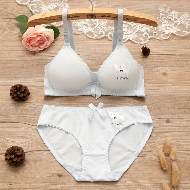 Teenage Underwear Sets Young Girls Development Training Bra Wireless Student Cotton Cartoon Lace Bow Bras Panties Sets GB06