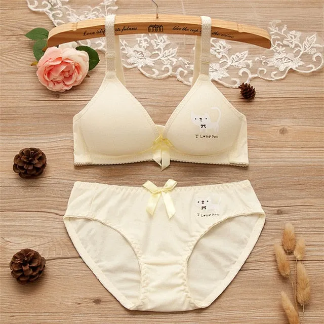 Teenage Underwear Sets Young Girls Development Training Bra Wireless Student Cotton Cartoon Lace Bow Bras Panties Sets GB06