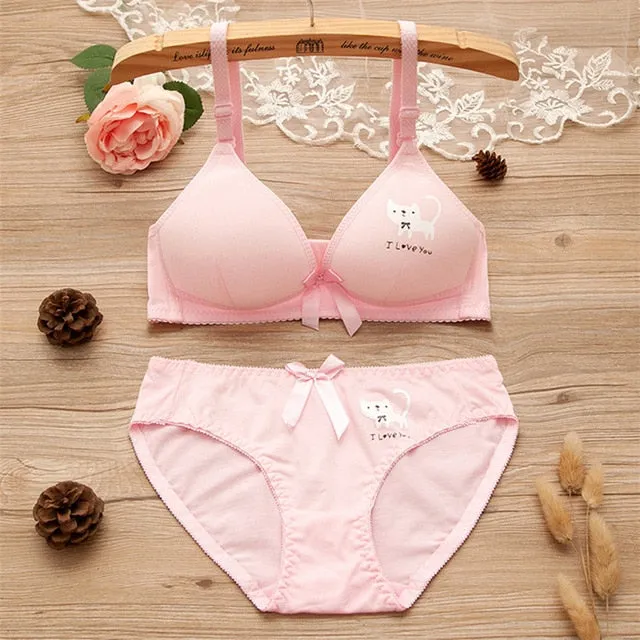 Teenage Underwear Sets Young Girls Development Training Bra Wireless Student Cotton Cartoon Lace Bow Bras Panties Sets GB06