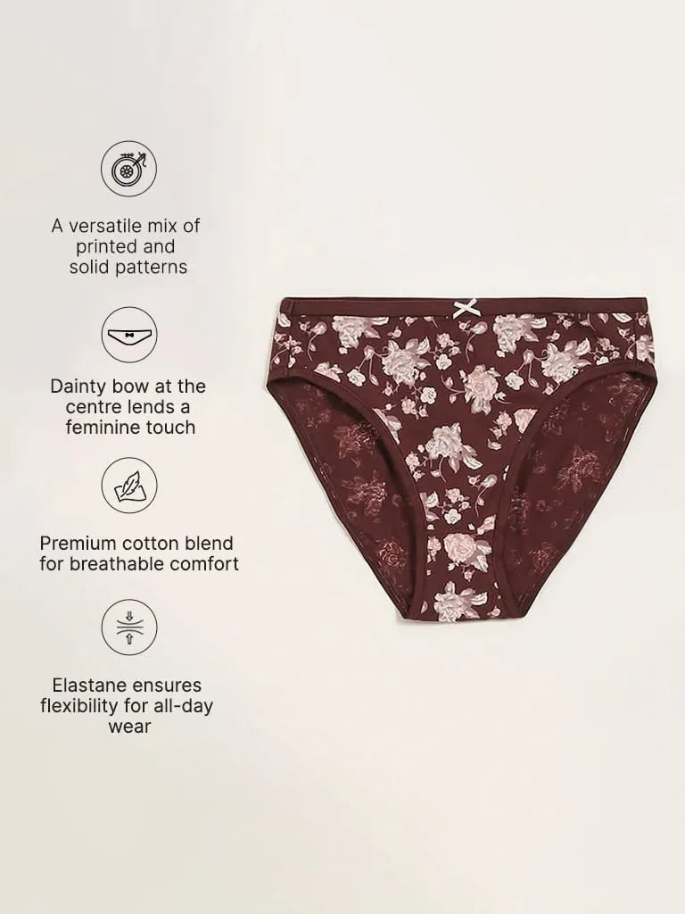 Wunderlove Brown Printed Cotton Blend Hi-Leg Briefs - Pack of 3